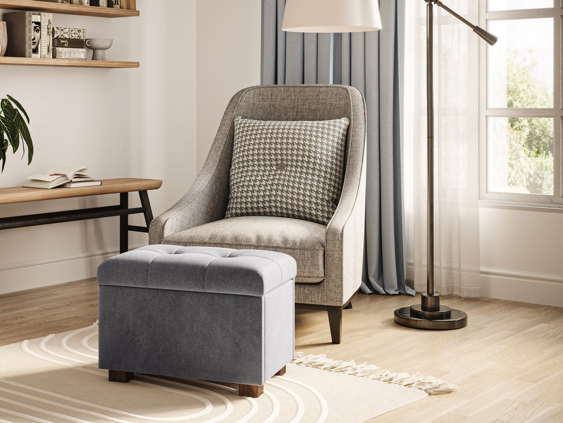 Grey velvet ottoman with storage, tufted design, soft texture, and modern style. Perfect for living room or bedroom, providing extra seating and hidden storage space.