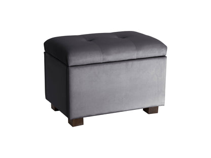 Grey velvet ottoman with storage, tufted design, soft texture, and modern style. Perfect for living room or bedroom, providing extra seating and hidden storage space.