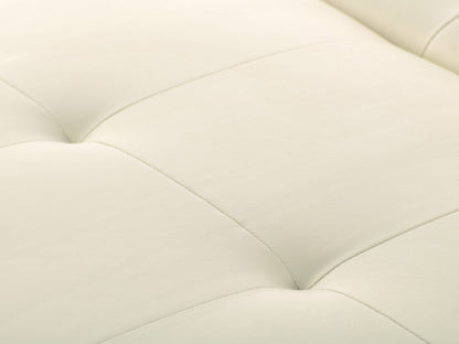 Warm white deluxe storage ottoman with tufted top, soft fabric, and wooden legs. Features spacious interior storage and versatile design, perfect for living rooms or bedrooms.