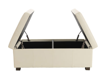 Warm white deluxe storage ottoman with tufted top, soft fabric, and wooden legs. Features spacious interior storage and versatile design, perfect for living rooms or bedrooms.