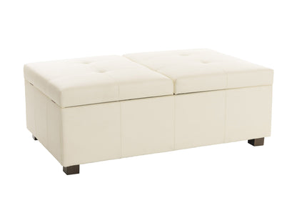 Warm white deluxe storage ottoman with tufted top, soft fabric, and wooden legs. Features spacious interior storage and versatile design, perfect for living rooms or bedrooms.