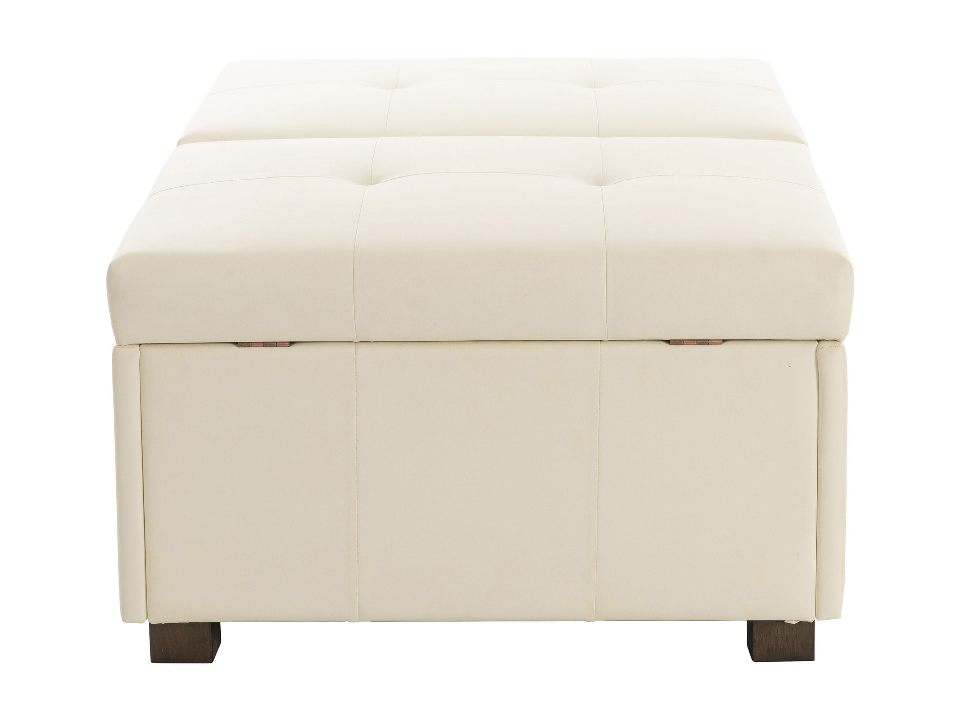 Warm white deluxe storage ottoman with tufted top, soft fabric, and wooden legs. Features spacious interior storage and versatile design, perfect for living rooms or bedrooms.