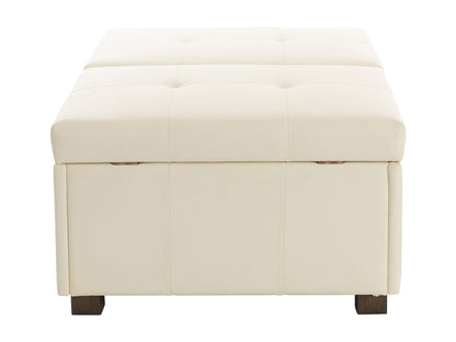 Warm white deluxe storage ottoman with tufted top, soft fabric, and wooden legs. Features spacious interior storage and versatile design, perfect for living rooms or bedrooms.