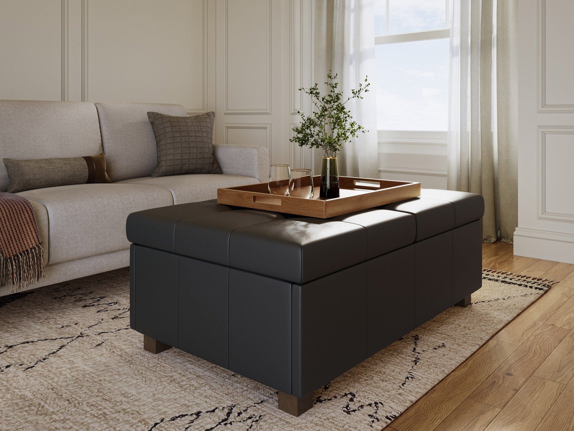 Matte black deluxe storage ottoman with tufted faux leather upholstery, spacious interior storage, and sleek minimalist design. Ideal for modern living rooms and versatile as extra seating or a coffee table.