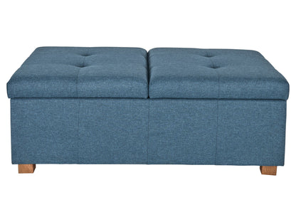 Blue double storage ottoman with tufted top, soft velvet upholstery, and dark wooden legs, perfect for living room or bedroom organization and extra seating.