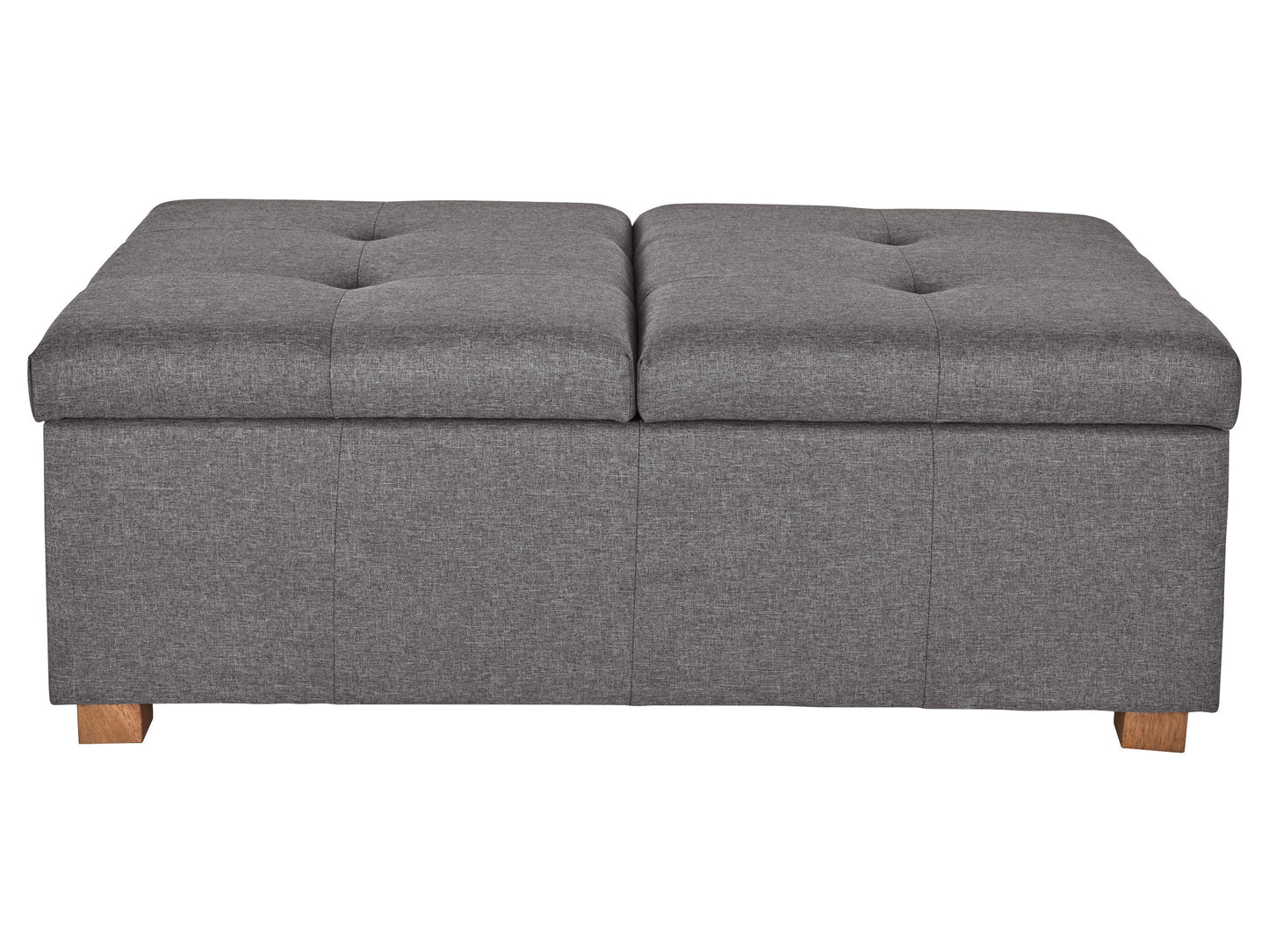 Silver brown double storage ottoman with tufted top, soft fabric upholstery, and sturdy wooden legs. Ideal for living rooms, bedrooms, or entryways, providing extra seating and hidden storage space.