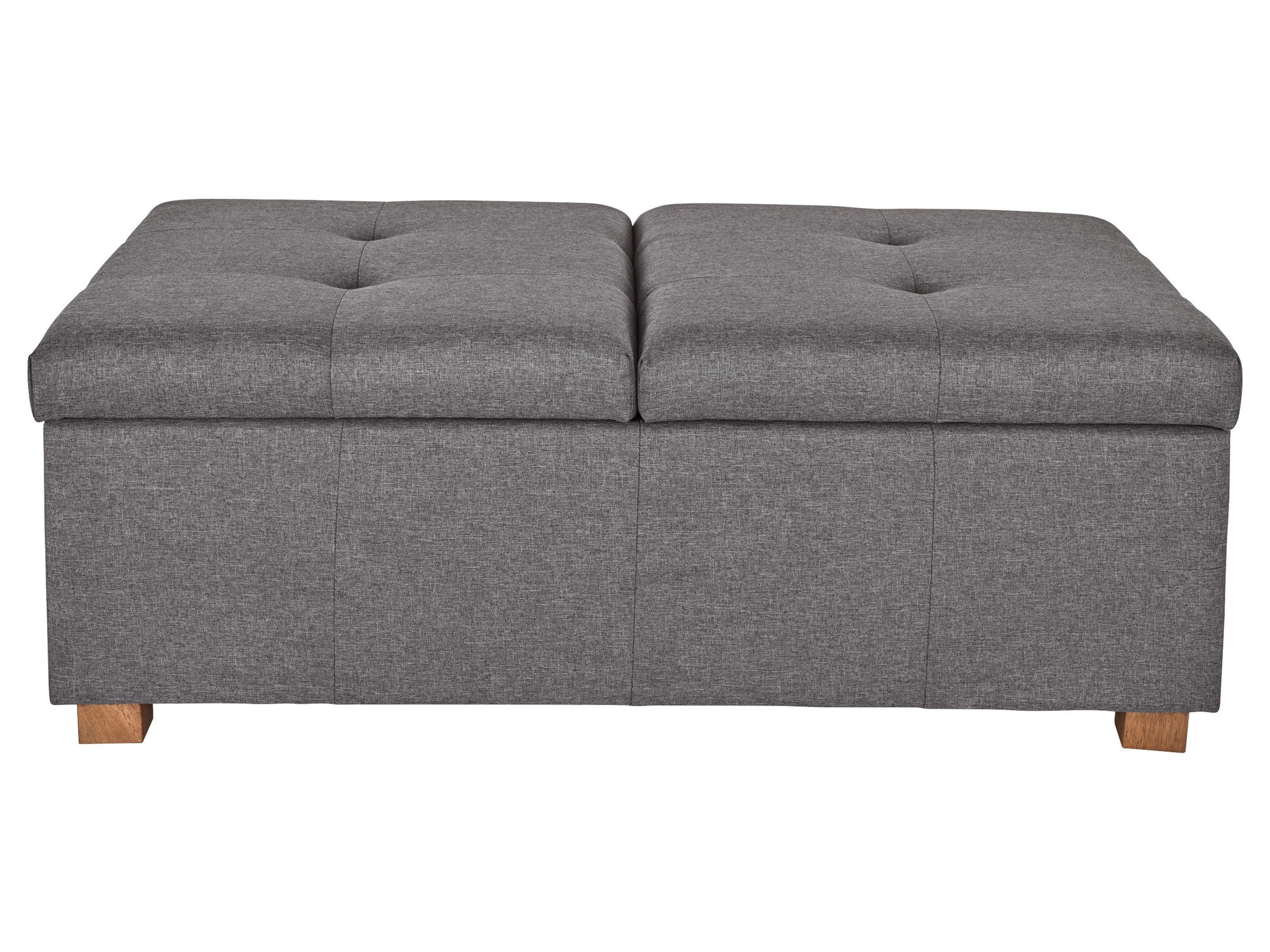 Silver brown double storage ottoman with tufted top, soft fabric upholstery, and sturdy wooden legs. Ideal for living rooms, bedrooms, or entryways, providing extra seating and hidden storage space.