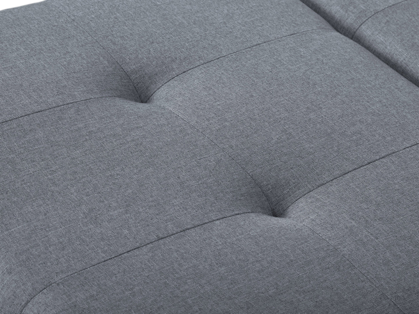 Grey double storage ottoman with tufted top, soft fabric upholstery, and sturdy wooden legs, ideal for living room organization and extra seating.