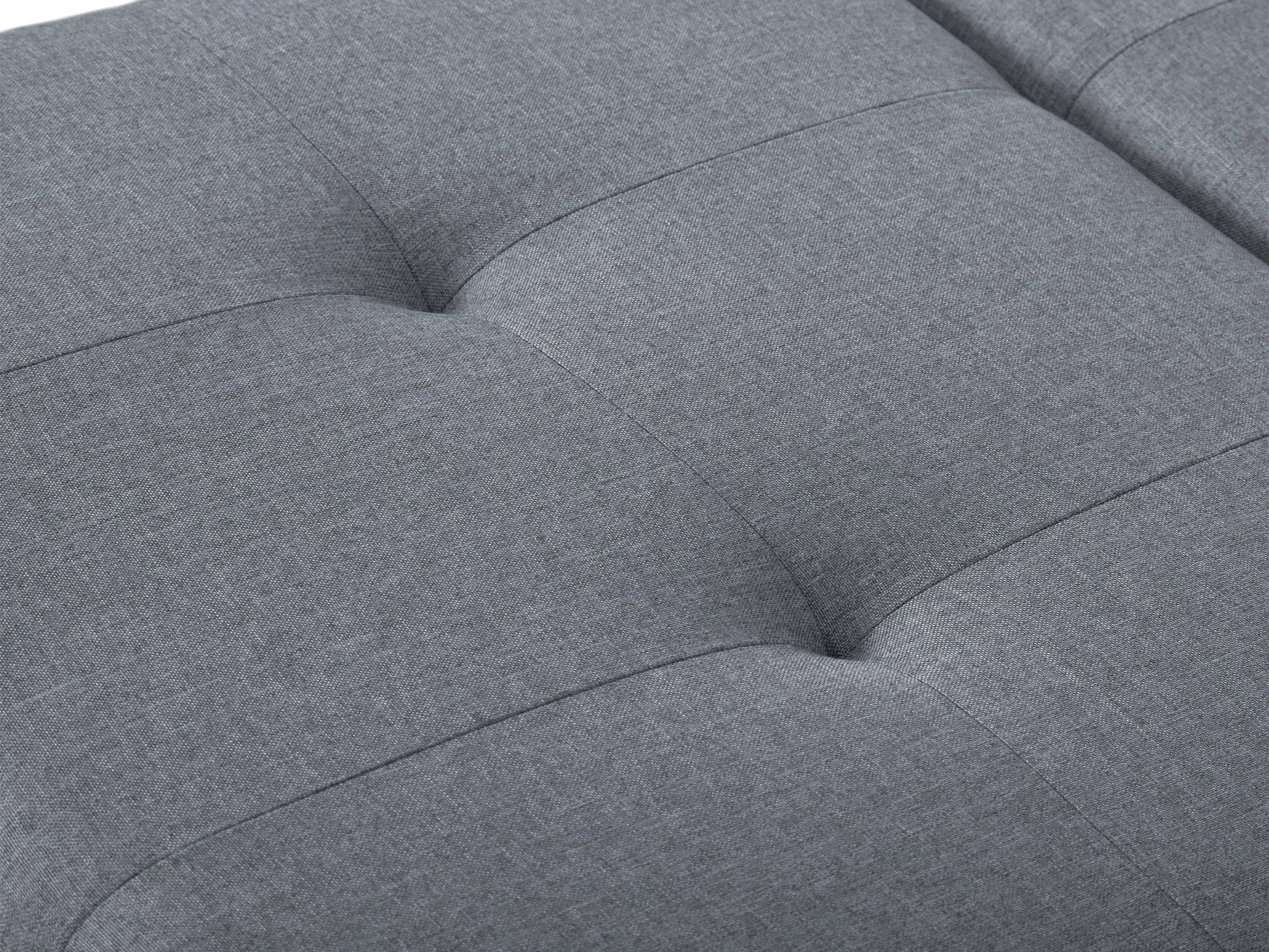 Grey double storage ottoman with tufted top, soft fabric upholstery, and sturdy wooden legs, ideal for living room organization and extra seating.
