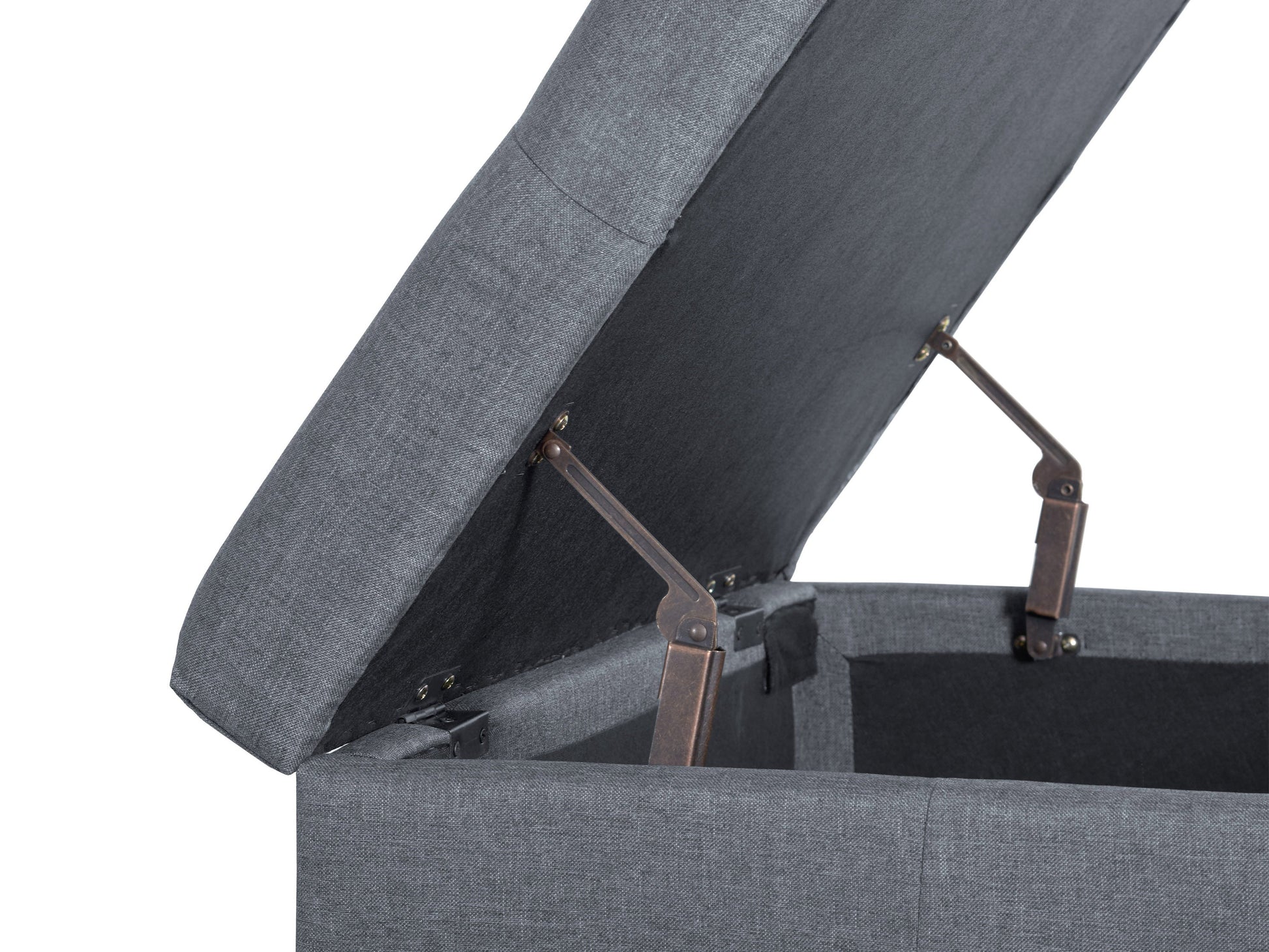 Grey double storage ottoman with tufted top, soft fabric upholstery, and sturdy wooden legs, ideal for living room organization and extra seating.