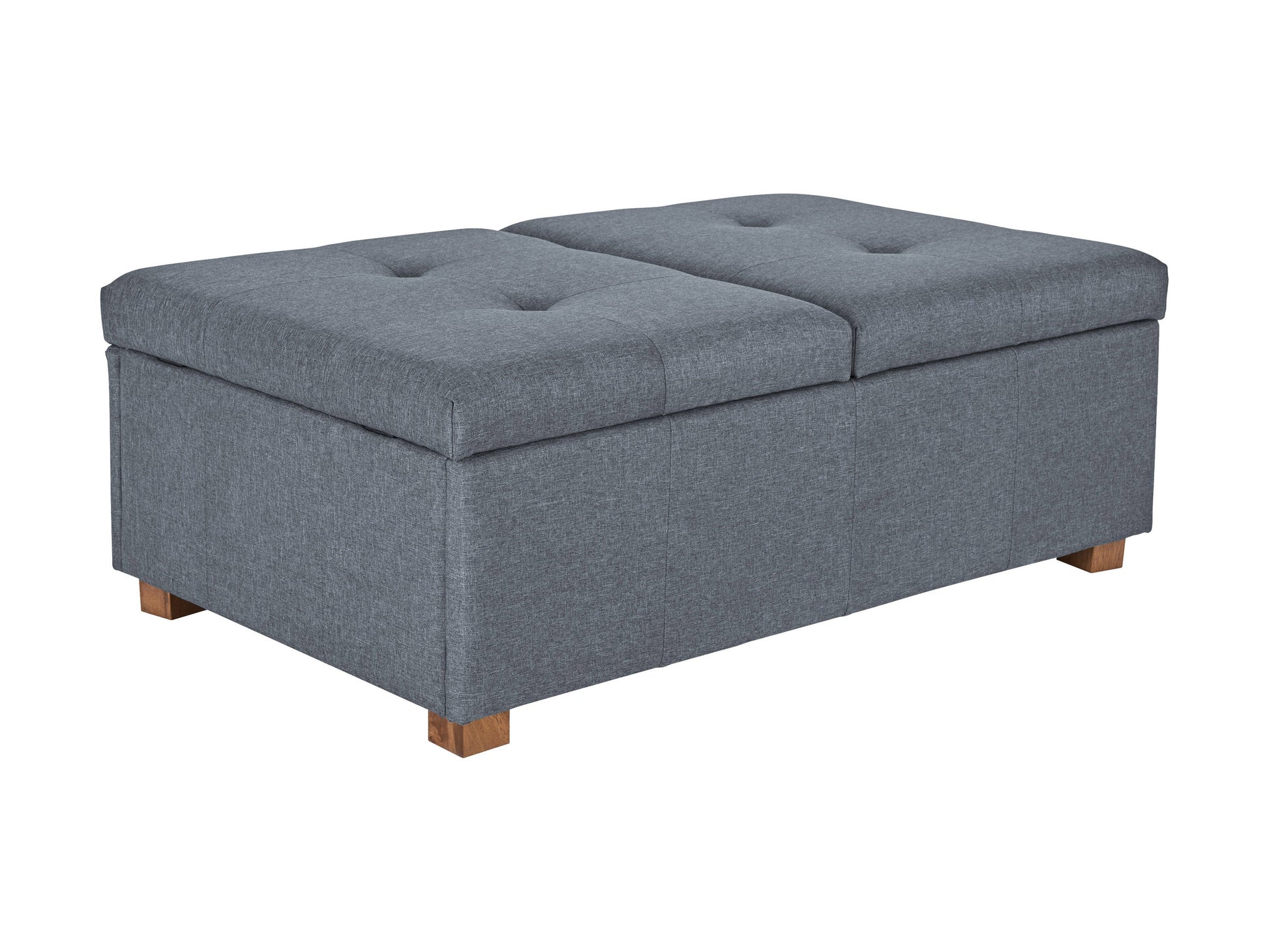 Grey double storage ottoman with tufted top, soft fabric upholstery, and sturdy wooden legs, ideal for living room organization and extra seating.