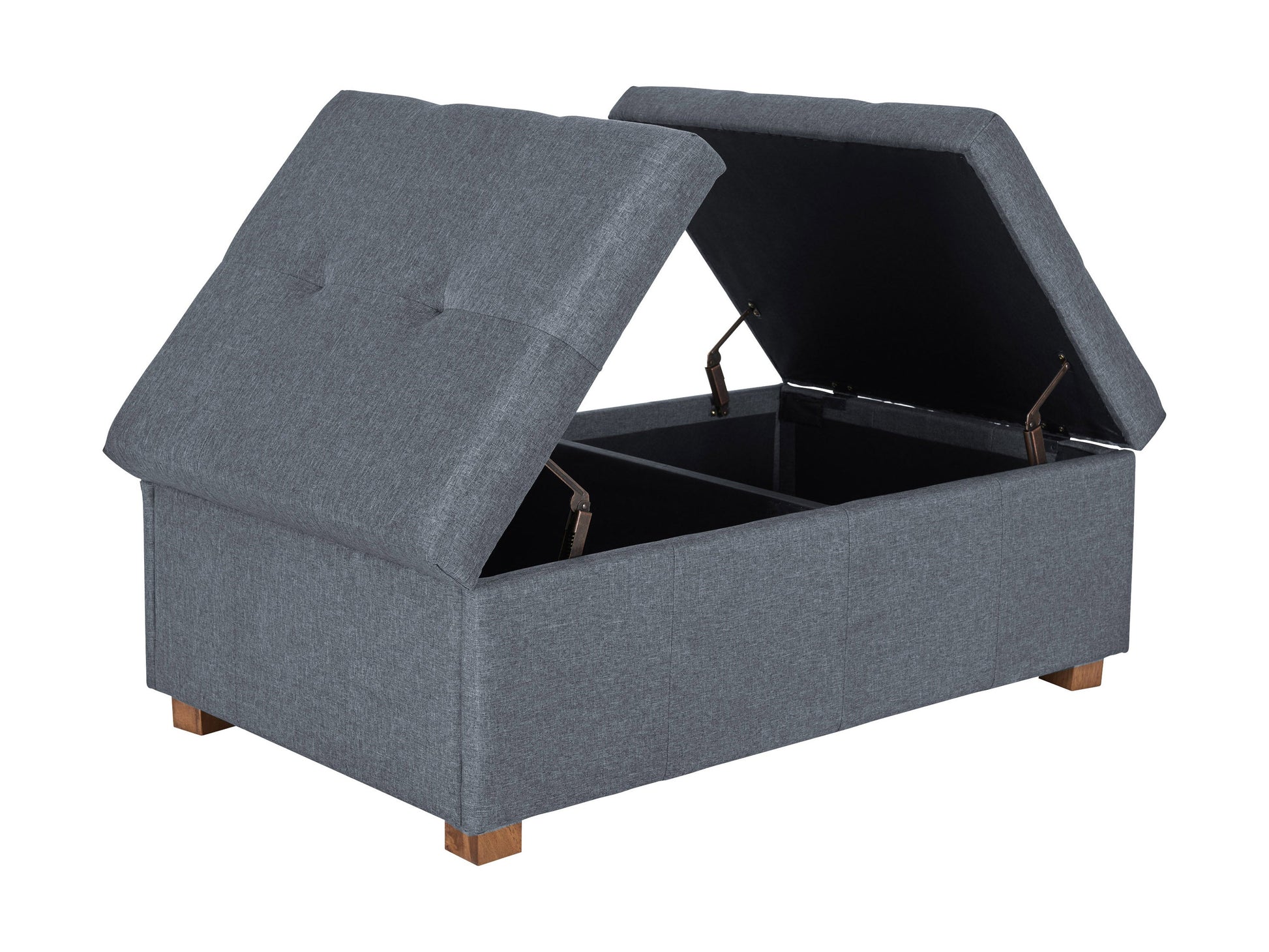 Grey double storage ottoman with tufted top, soft fabric upholstery, and sturdy wooden legs, ideal for living room organization and extra seating.