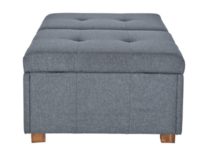 Grey double storage ottoman with tufted top, soft fabric upholstery, and sturdy wooden legs, ideal for living room organization and extra seating.
