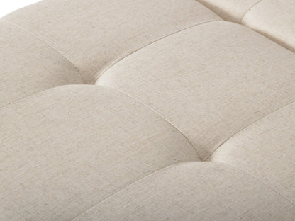 Beige double storage ottoman with tufted lid, upholstered in soft fabric, featuring spacious interior compartments and sturdy wooden legs. Ideal for living room or bedroom.