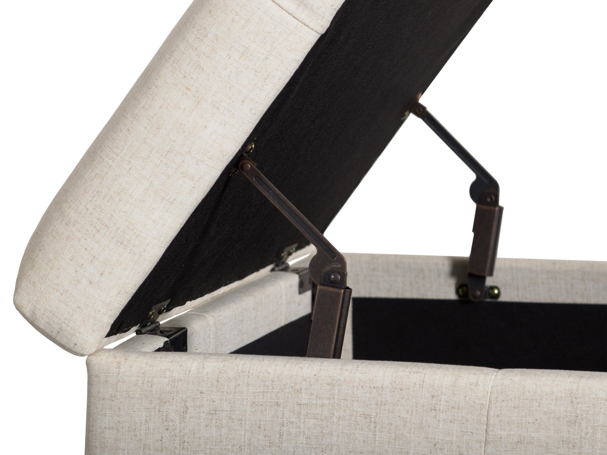 Beige double storage ottoman with tufted lid, upholstered in soft fabric, featuring spacious interior compartments and sturdy wooden legs. Ideal for living room or bedroom.