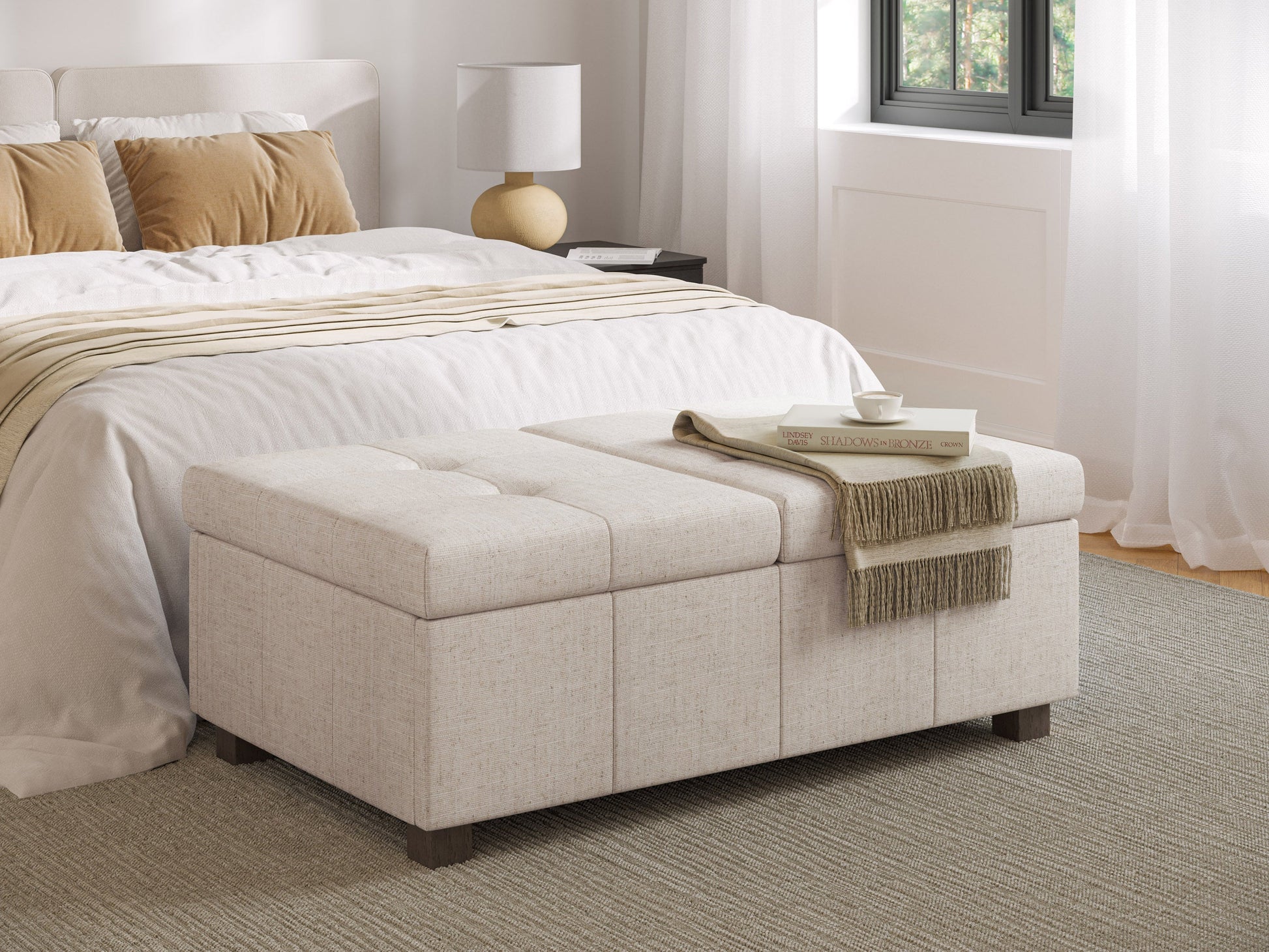 Beige double storage ottoman with tufted lid, upholstered in soft fabric, featuring spacious interior compartments and sturdy wooden legs. Ideal for living room or bedroom.