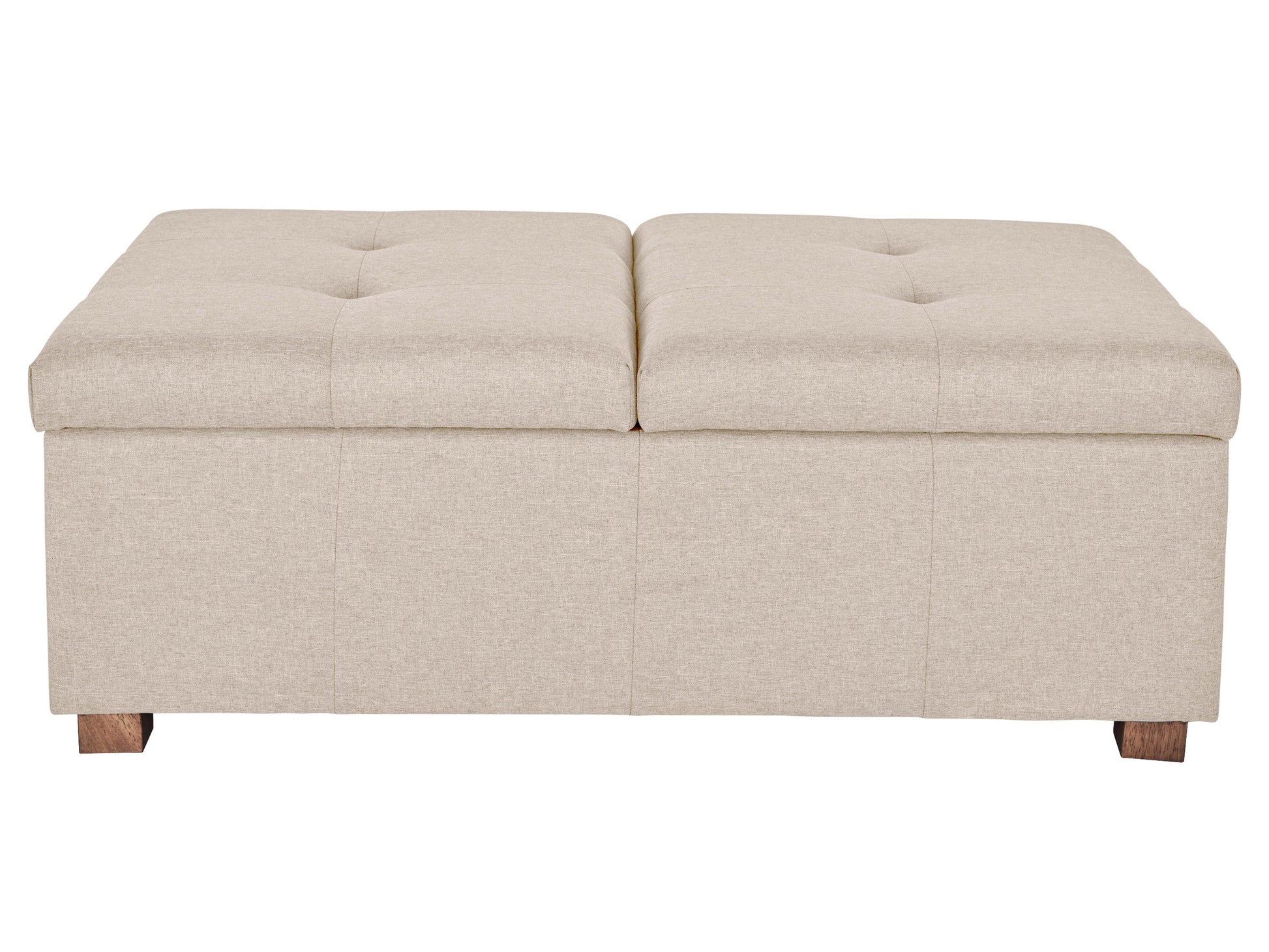 Beige double storage ottoman with tufted lid, upholstered in soft fabric, featuring spacious interior compartments and sturdy wooden legs. Ideal for living room or bedroom.