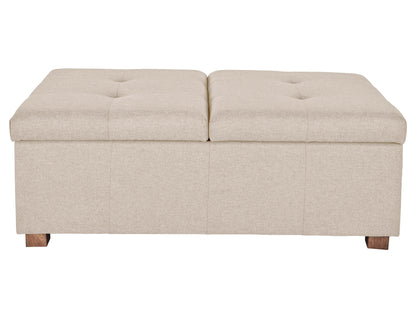 Beige double storage ottoman with tufted lid, upholstered in soft fabric, featuring spacious interior compartments and sturdy wooden legs. Ideal for living room or bedroom.