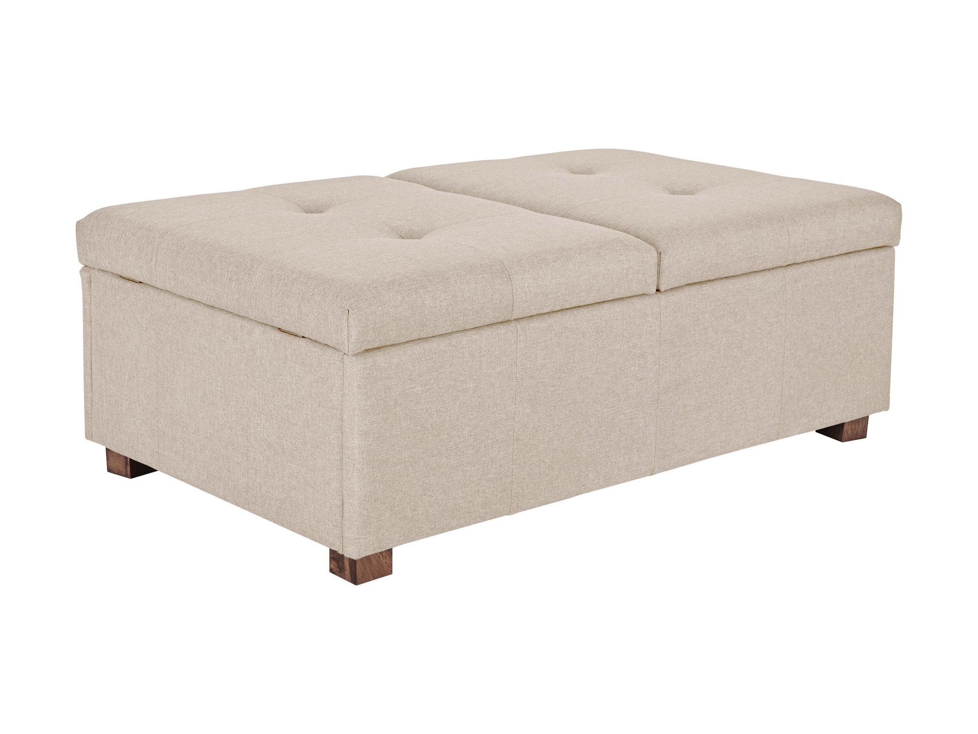 Beige double storage ottoman with tufted lid, upholstered in soft fabric, featuring spacious interior compartments and sturdy wooden legs. Ideal for living room or bedroom.