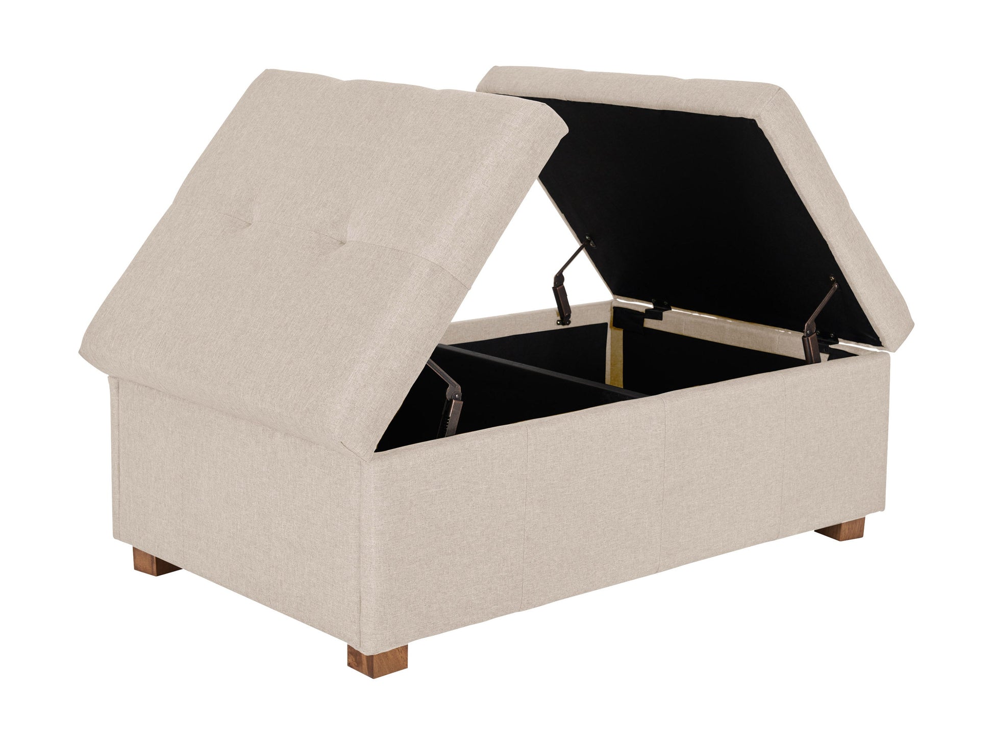 Beige double storage ottoman with tufted lid, upholstered in soft fabric, featuring spacious interior compartments and sturdy wooden legs. Ideal for living room or bedroom.
