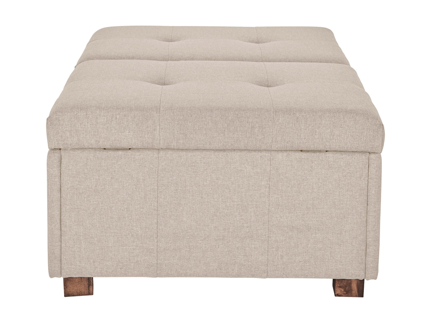 Beige double storage ottoman with tufted lid, upholstered in soft fabric, featuring spacious interior compartments and sturdy wooden legs. Ideal for living room or bedroom.
