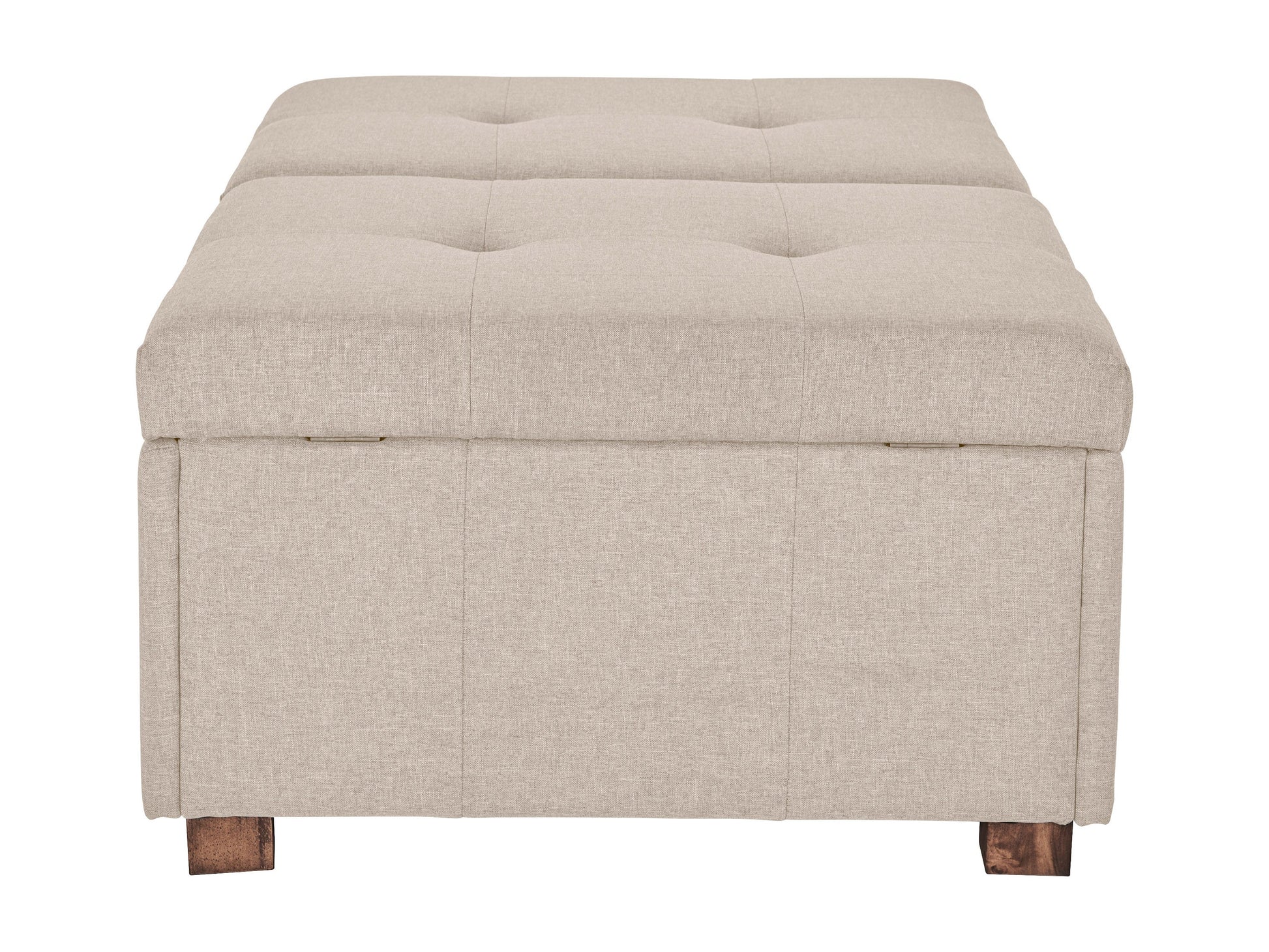 Beige double storage ottoman with tufted lid, upholstered in soft fabric, featuring spacious interior compartments and sturdy wooden legs. Ideal for living room or bedroom.