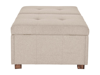Beige double storage ottoman with tufted lid, upholstered in soft fabric, featuring spacious interior compartments and sturdy wooden legs. Ideal for living room or bedroom.