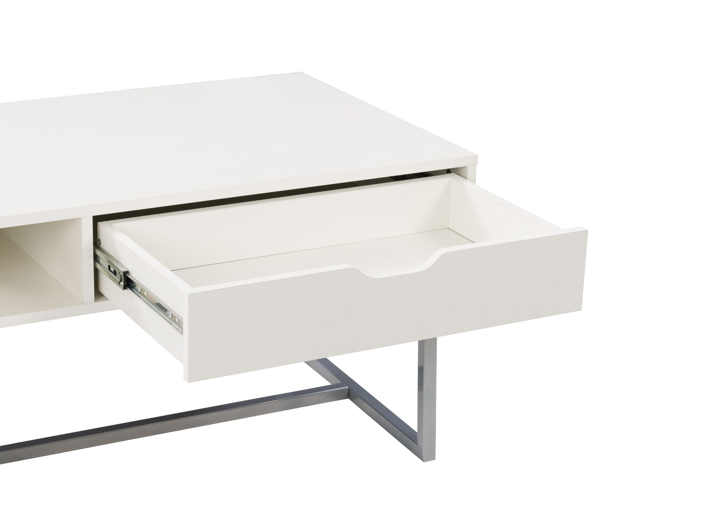 Modern rectangular coffee table with sleek white finish, minimalist design, and sturdy metal legs. Ideal for contemporary living rooms, this table features a smooth surface and clean lines, perfect for modern decor.