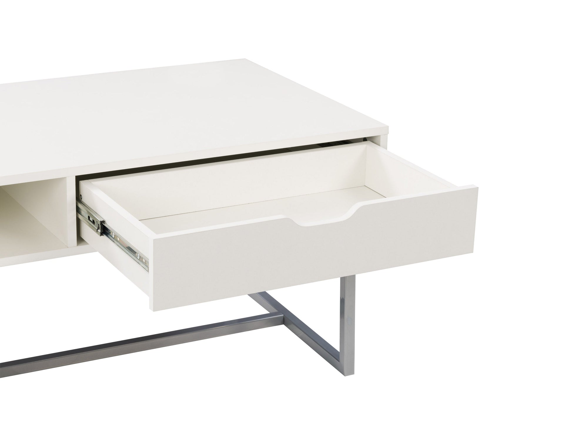 Modern rectangular coffee table with sleek white finish, minimalist design, and sturdy metal legs. Ideal for contemporary living rooms, this table features a smooth surface and clean lines, perfect for modern decor.
