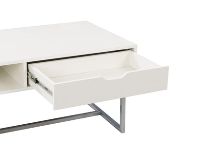 Modern rectangular coffee table with sleek white finish, minimalist design, and sturdy metal legs. Ideal for contemporary living rooms, this table features a smooth surface and clean lines, perfect for modern decor.