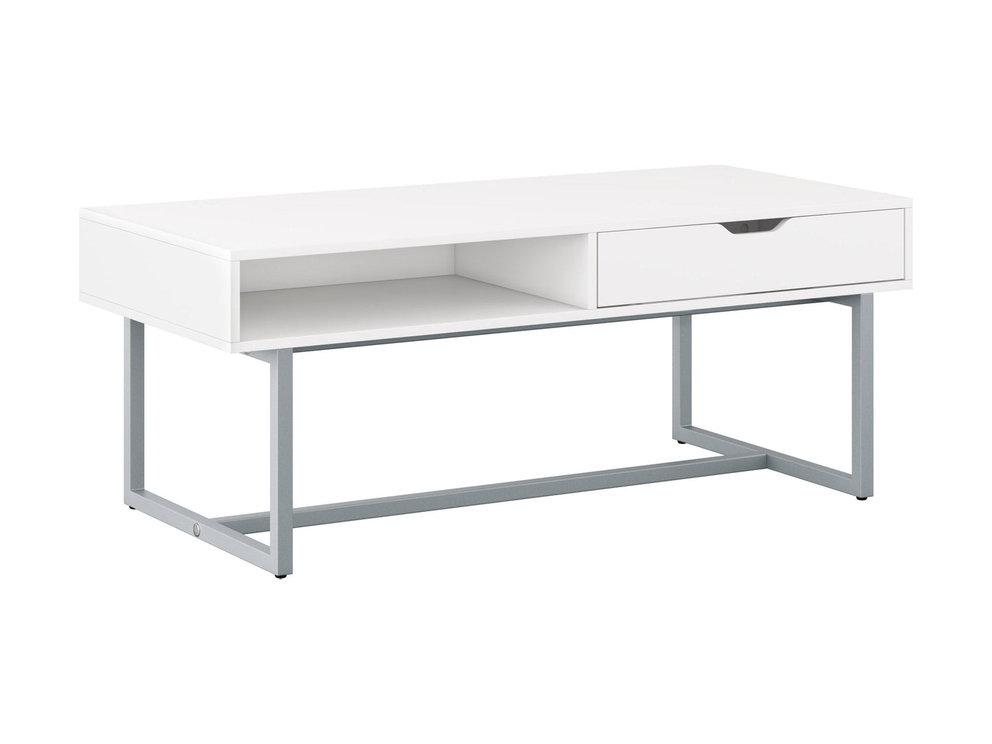 Modern rectangular coffee table with sleek white finish, minimalist design, and sturdy metal legs. Ideal for contemporary living rooms, this table features a smooth surface and clean lines, perfect for modern decor.
