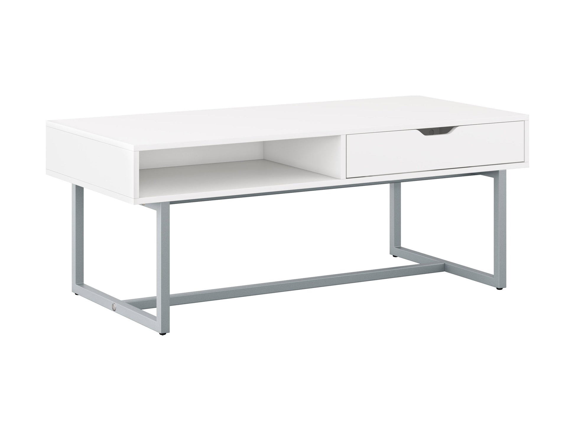 Modern rectangular coffee table with sleek white finish, minimalist design, and sturdy metal legs. Ideal for contemporary living rooms, this table features a smooth surface and clean lines, perfect for modern decor.