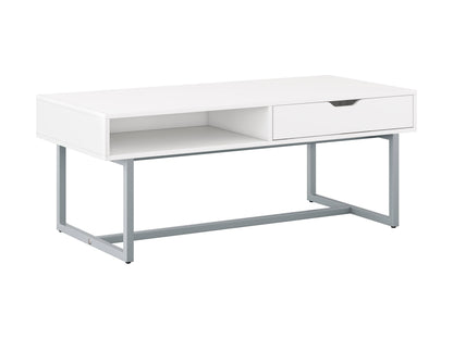Modern rectangular coffee table with sleek white finish, minimalist design, and sturdy metal legs. Ideal for contemporary living rooms, this table features a smooth surface and clean lines, perfect for modern decor.
