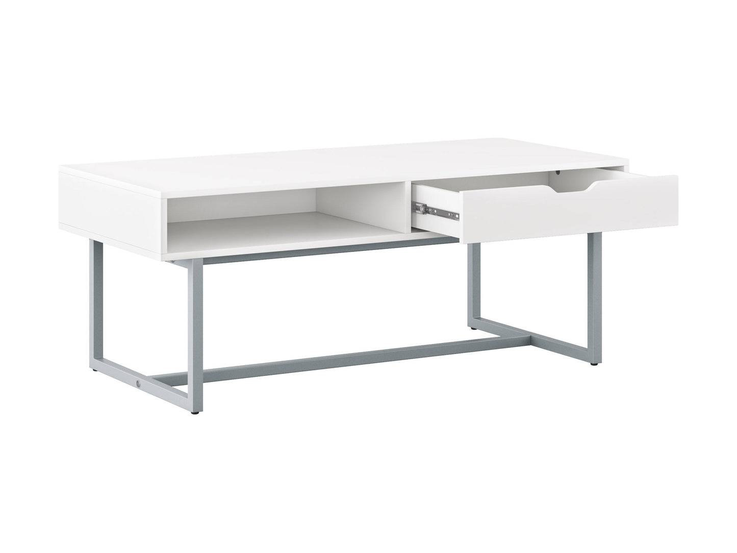 Modern rectangular coffee table with sleek white finish, minimalist design, and sturdy metal legs. Ideal for contemporary living rooms, this table features a smooth surface and clean lines, perfect for modern decor.