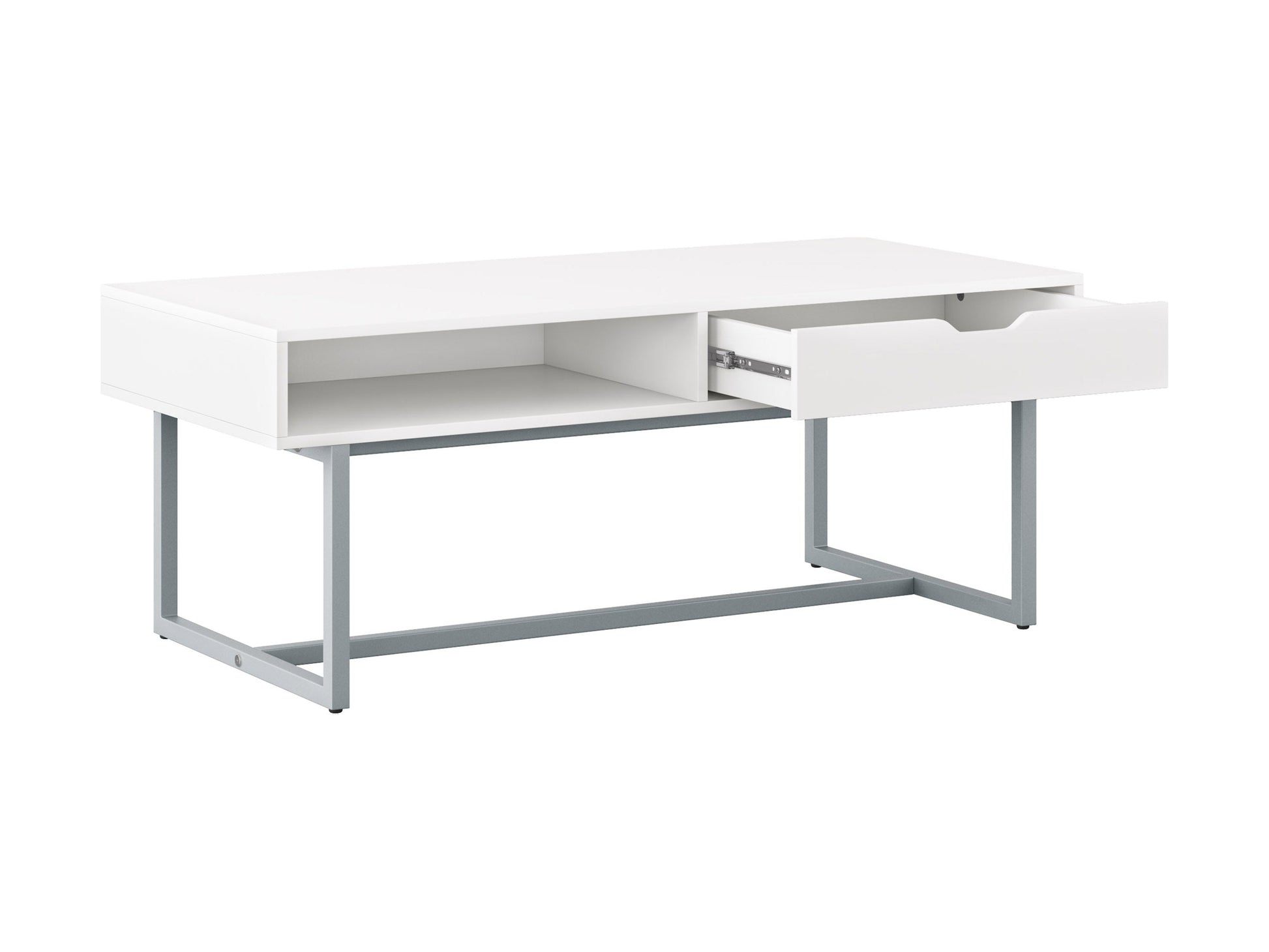 Modern rectangular coffee table with sleek white finish, minimalist design, and sturdy metal legs. Ideal for contemporary living rooms, this table features a smooth surface and clean lines, perfect for modern decor.