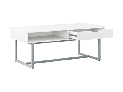 Modern rectangular coffee table with sleek white finish, minimalist design, and sturdy metal legs. Ideal for contemporary living rooms, this table features a smooth surface and clean lines, perfect for modern decor.
