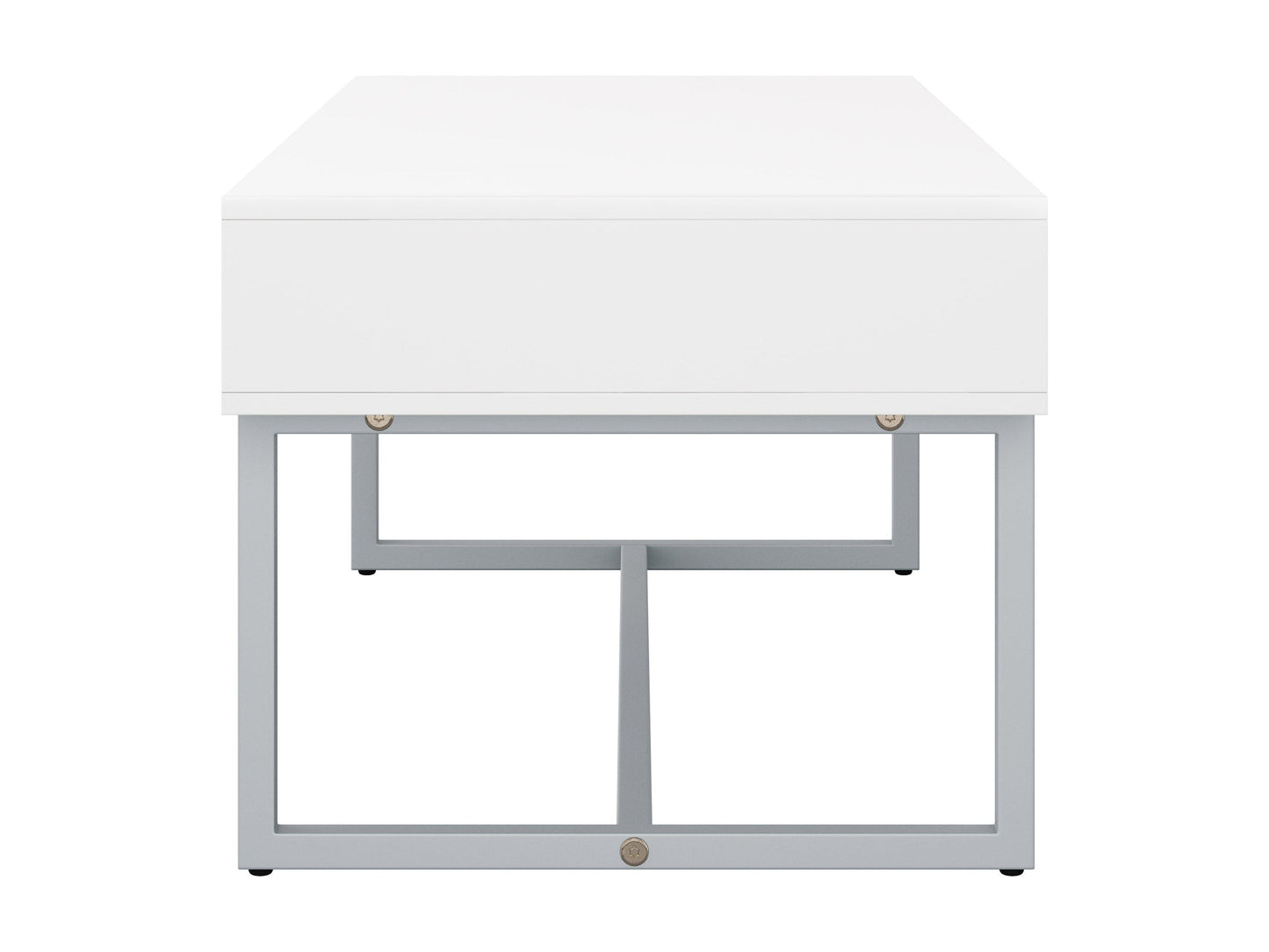 Modern rectangular coffee table with sleek white finish, minimalist design, and sturdy metal legs. Ideal for contemporary living rooms, this table features a smooth surface and clean lines, perfect for modern decor.