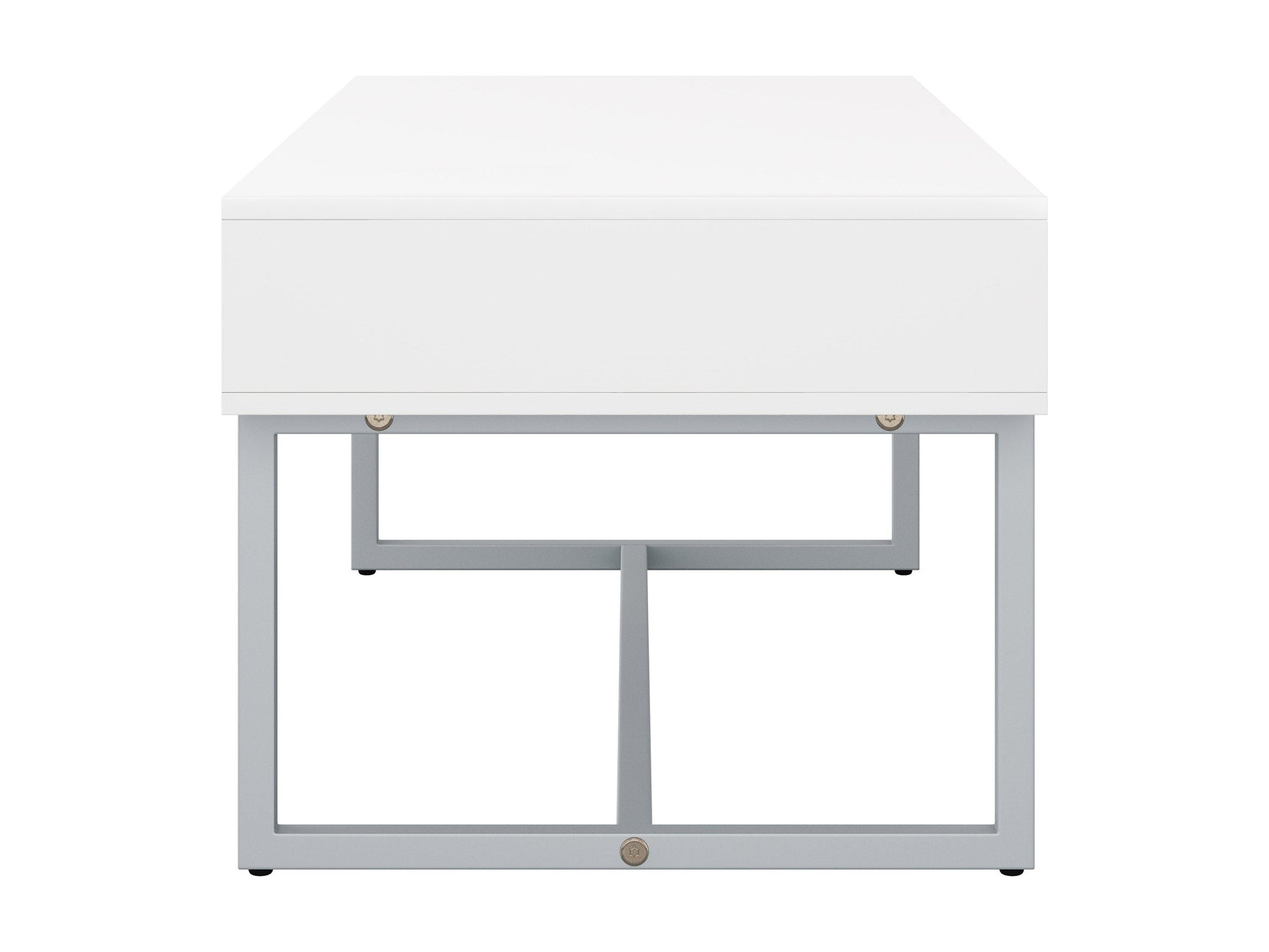 Modern rectangular coffee table with sleek white finish, minimalist design, and sturdy metal legs. Ideal for contemporary living rooms, this table features a smooth surface and clean lines, perfect for modern decor.