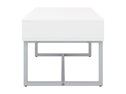 Modern rectangular coffee table with sleek white finish, minimalist design, and sturdy metal legs. Ideal for contemporary living rooms, this table features a smooth surface and clean lines, perfect for modern decor.
