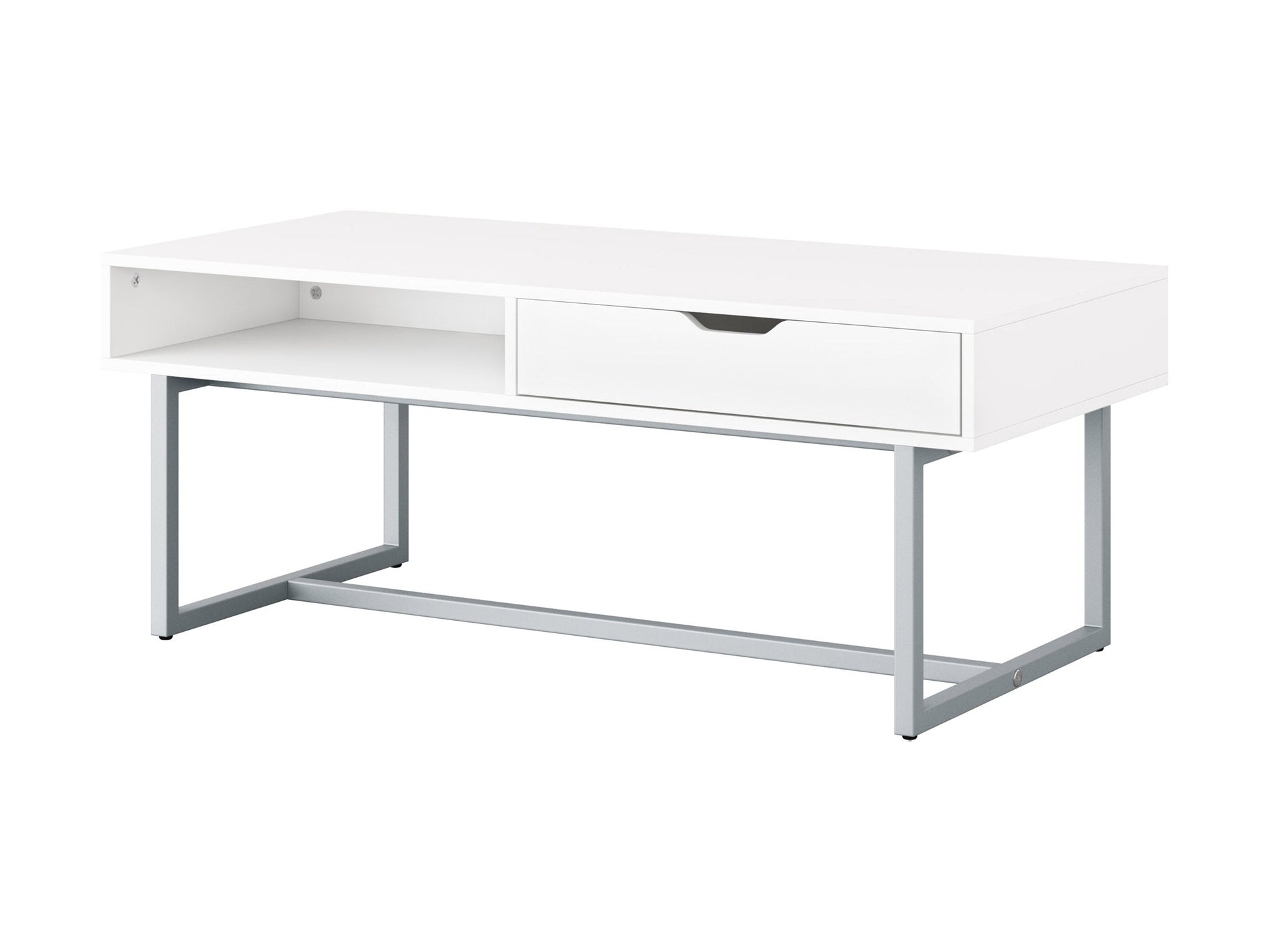 Modern rectangular coffee table with sleek white finish, minimalist design, and sturdy metal legs. Ideal for contemporary living rooms, this table features a smooth surface and clean lines, perfect for modern decor.