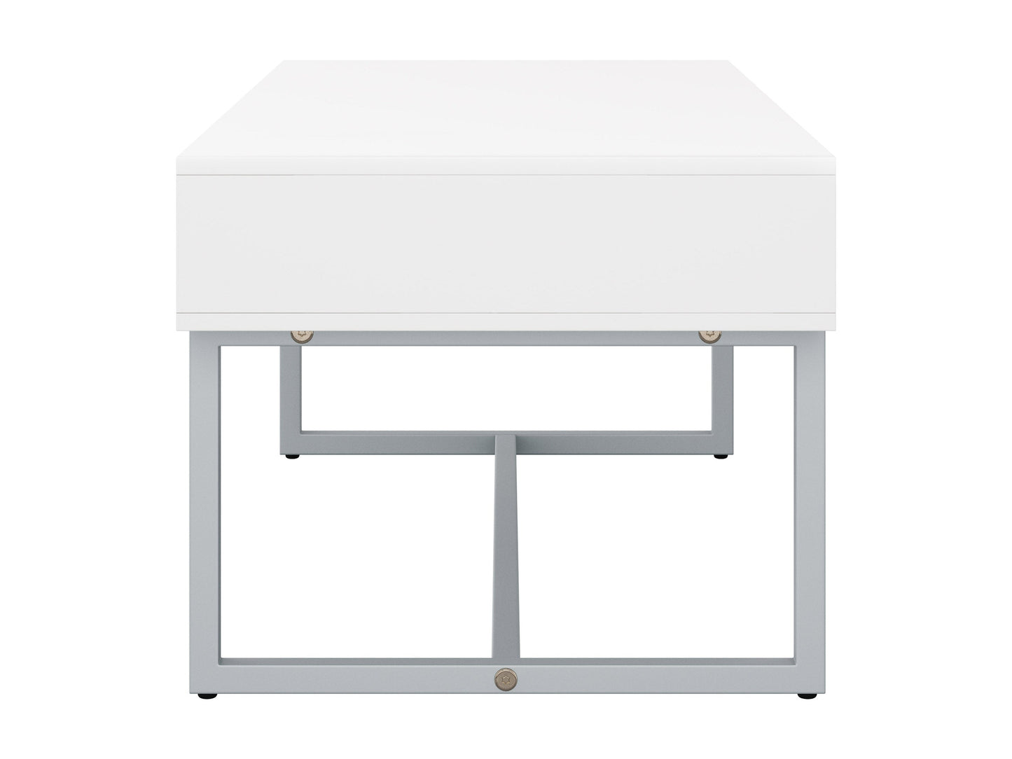 Modern rectangular coffee table with sleek white finish, minimalist design, and sturdy metal legs. Ideal for contemporary living rooms, this table features a smooth surface and clean lines, perfect for modern decor.