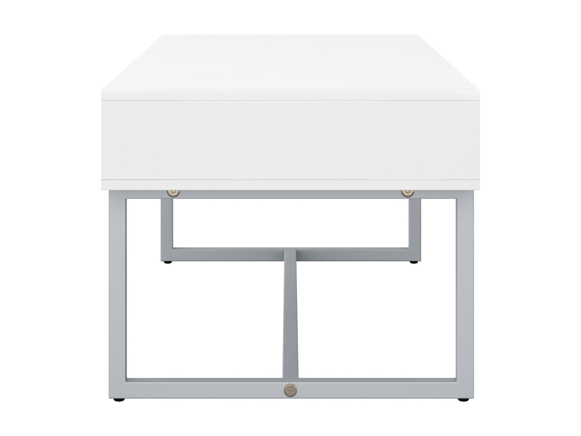Modern rectangular coffee table with sleek white finish, minimalist design, and sturdy metal legs. Ideal for contemporary living rooms, this table features a smooth surface and clean lines, perfect for modern decor.