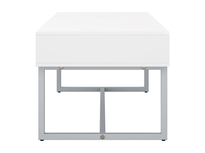 Modern rectangular coffee table with sleek white finish, minimalist design, and sturdy metal legs. Ideal for contemporary living rooms, this table features a smooth surface and clean lines, perfect for modern decor.