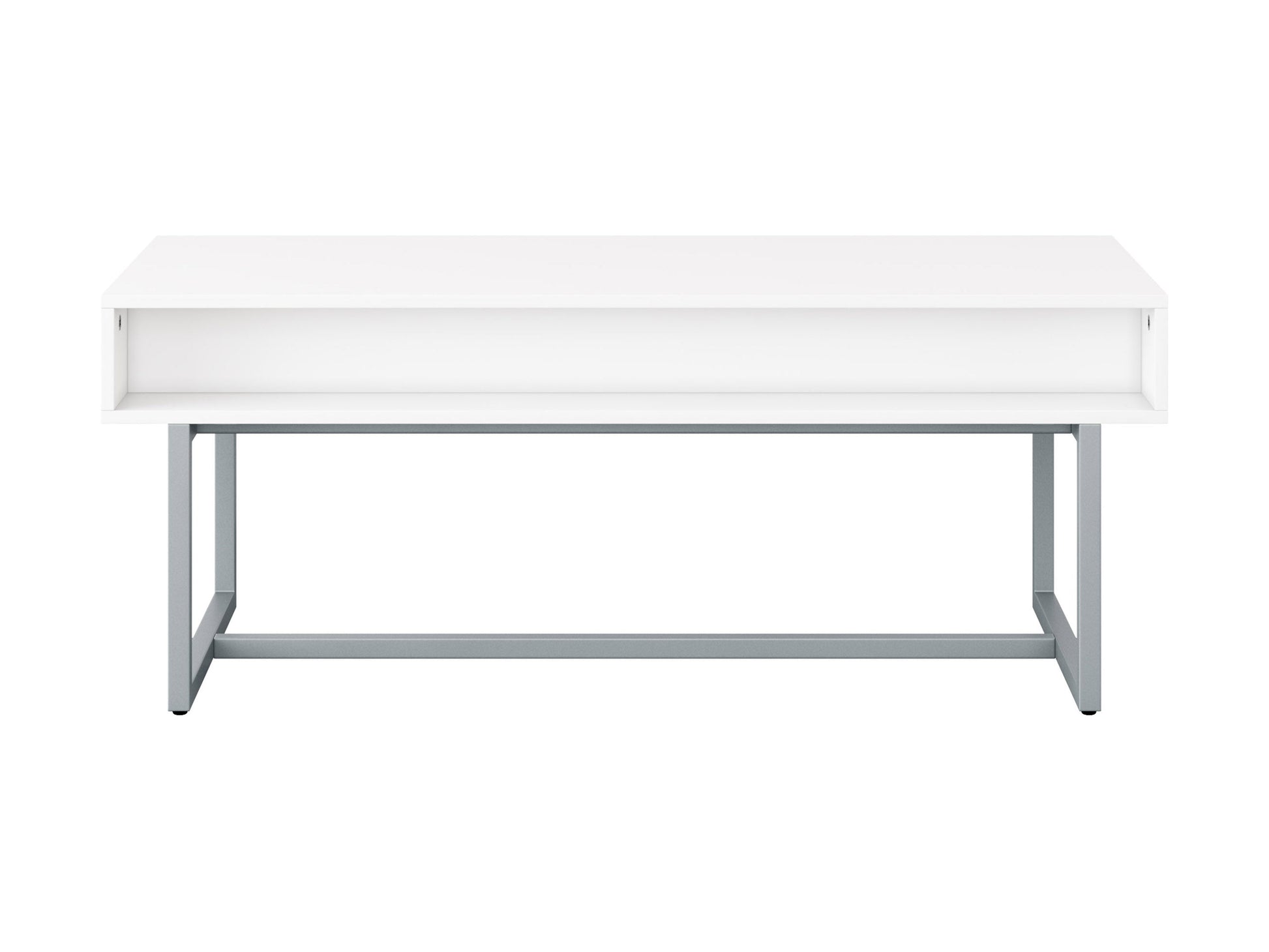 Modern rectangular coffee table with sleek white finish, minimalist design, and sturdy metal legs. Ideal for contemporary living rooms, this table features a smooth surface and clean lines, perfect for modern decor.