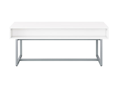 Modern rectangular coffee table with sleek white finish, minimalist design, and sturdy metal legs. Ideal for contemporary living rooms, this table features a smooth surface and clean lines, perfect for modern decor.