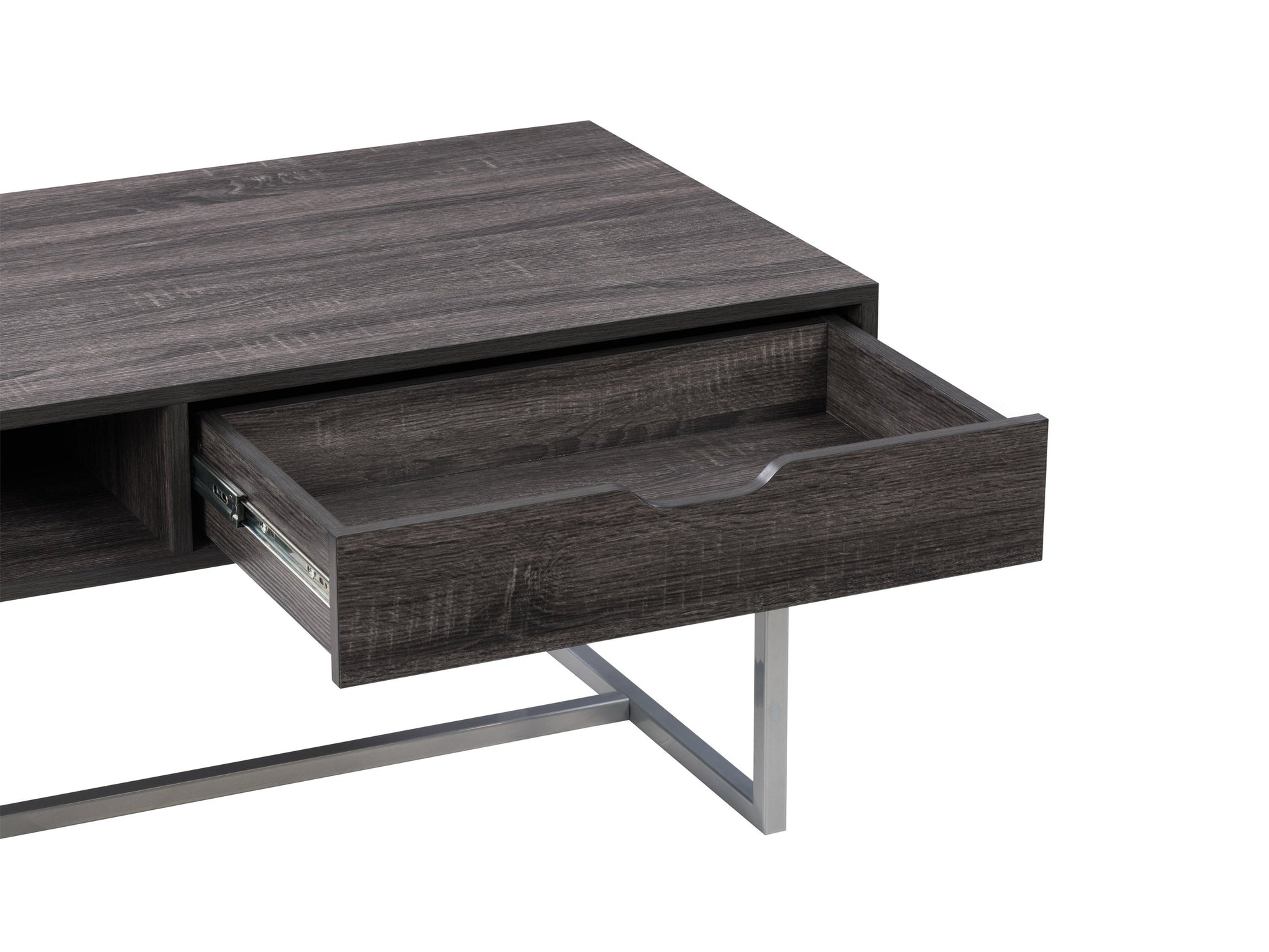 Modern rectangular coffee table in grey with a sleek, minimalist design featuring a smooth, matte finish, sturdy metal legs, and a spacious surface perfect for living rooms or offices.