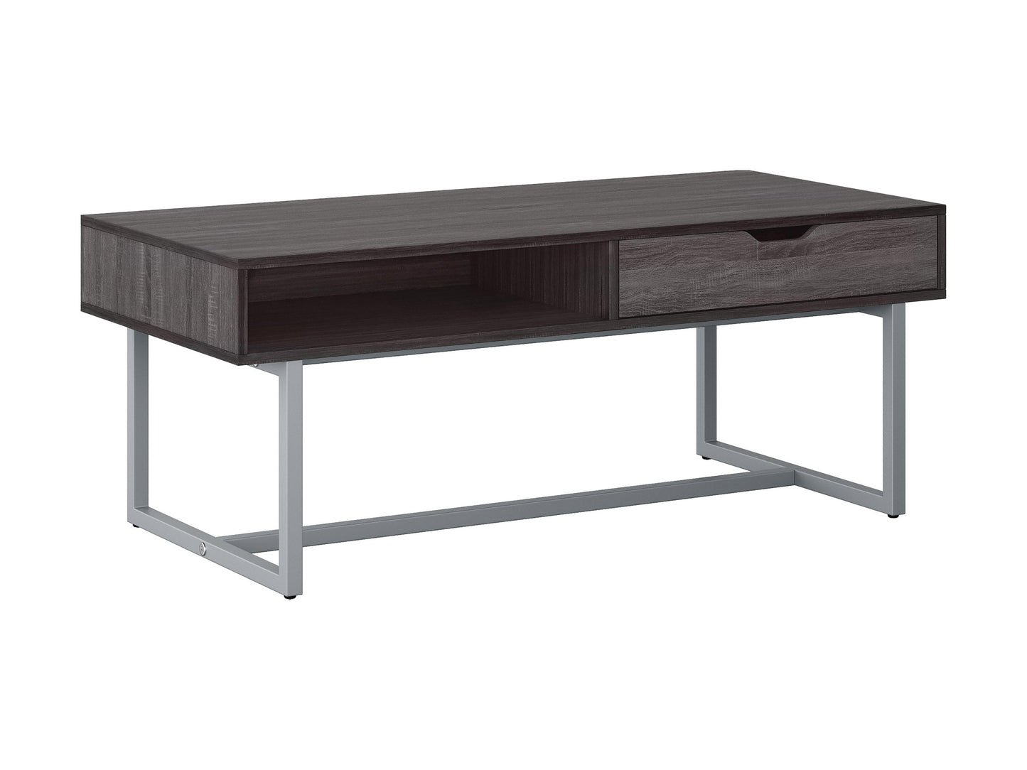 Modern rectangular coffee table in grey with a sleek, minimalist design featuring a smooth, matte finish, sturdy metal legs, and a spacious surface perfect for living rooms or offices.