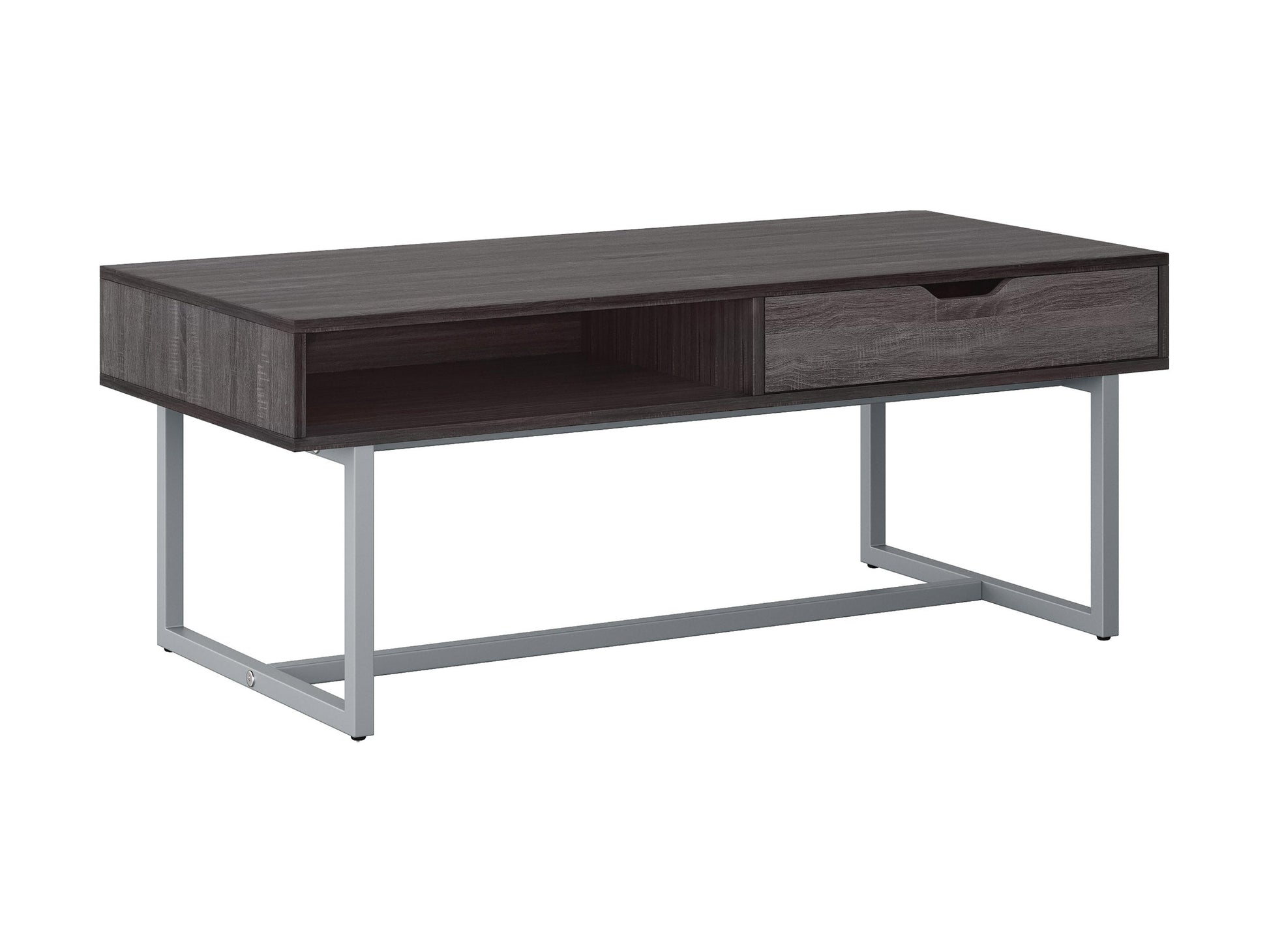 Modern rectangular coffee table in grey with a sleek, minimalist design featuring a smooth, matte finish, sturdy metal legs, and a spacious surface perfect for living rooms or offices.