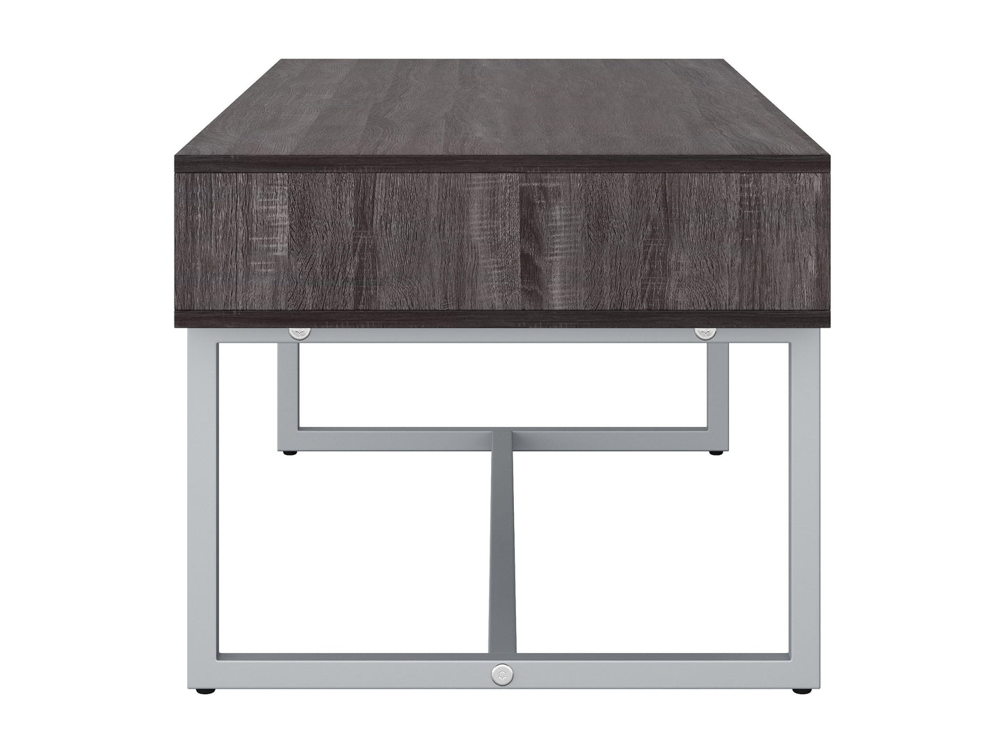 Modern rectangular coffee table in grey with a sleek, minimalist design featuring a smooth, matte finish, sturdy metal legs, and a spacious surface perfect for living rooms or offices.