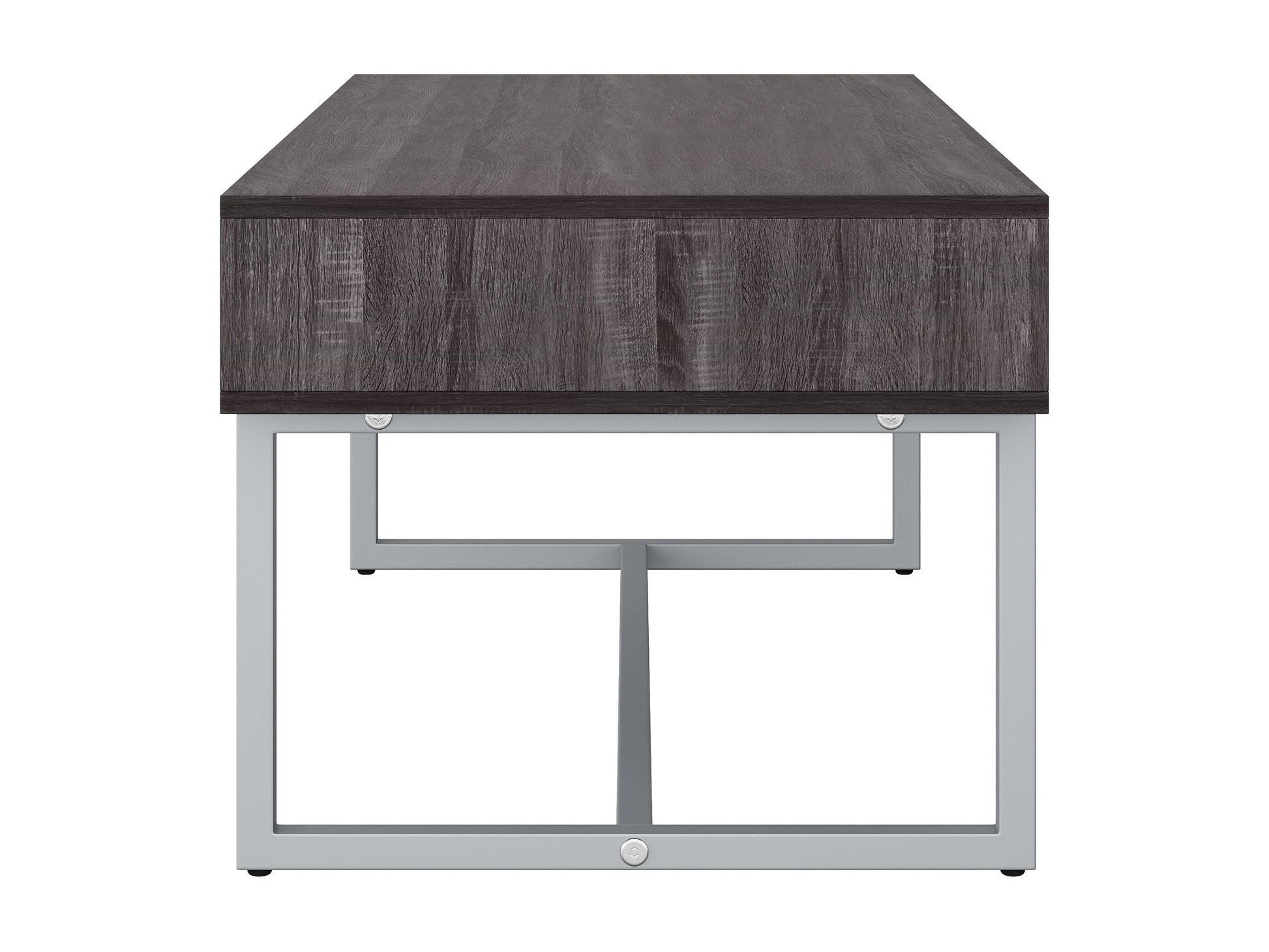 Modern rectangular coffee table in grey with a sleek, minimalist design featuring a smooth, matte finish, sturdy metal legs, and a spacious surface perfect for living rooms or offices.